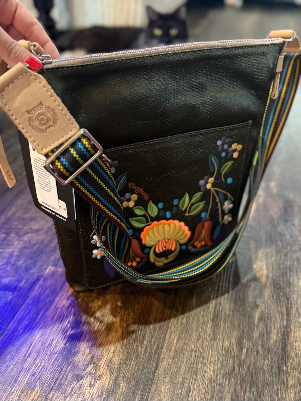 NWT Consuela Tour Crossbody Bag Olive Floral Embroidered Leather Trim - Picture 9 of 16